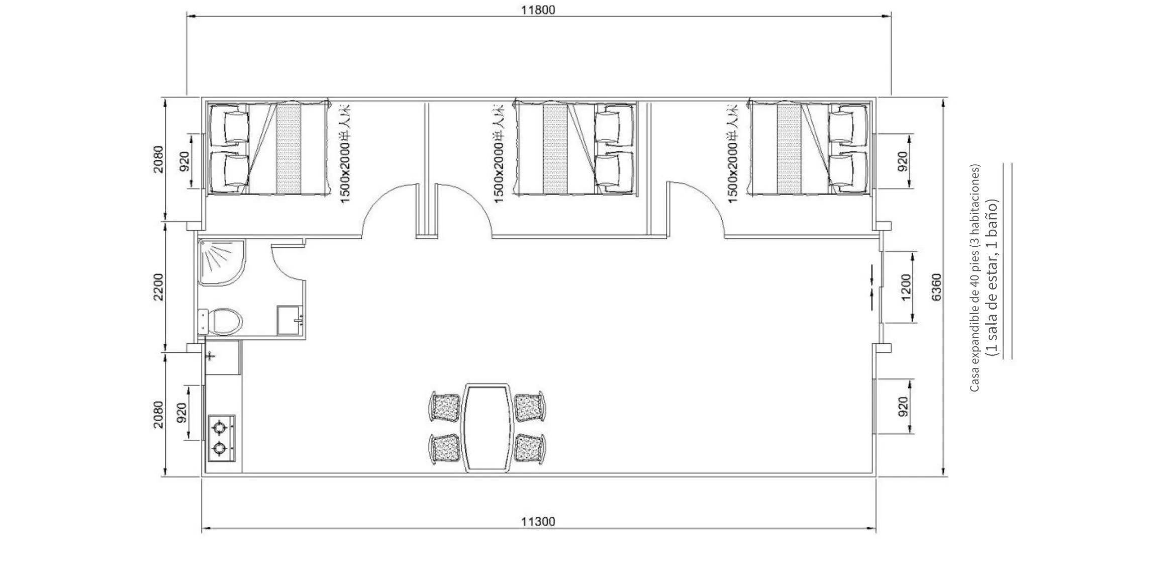 Plano de distribución de la casa expandible de 40 pies con 3 habitaciones, salón y baño