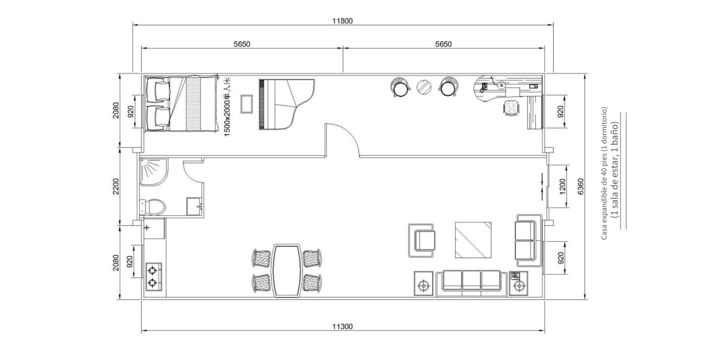 Plano de distribución de la casa expandible de 40 pies con 1 dormitorio y espacio abierto