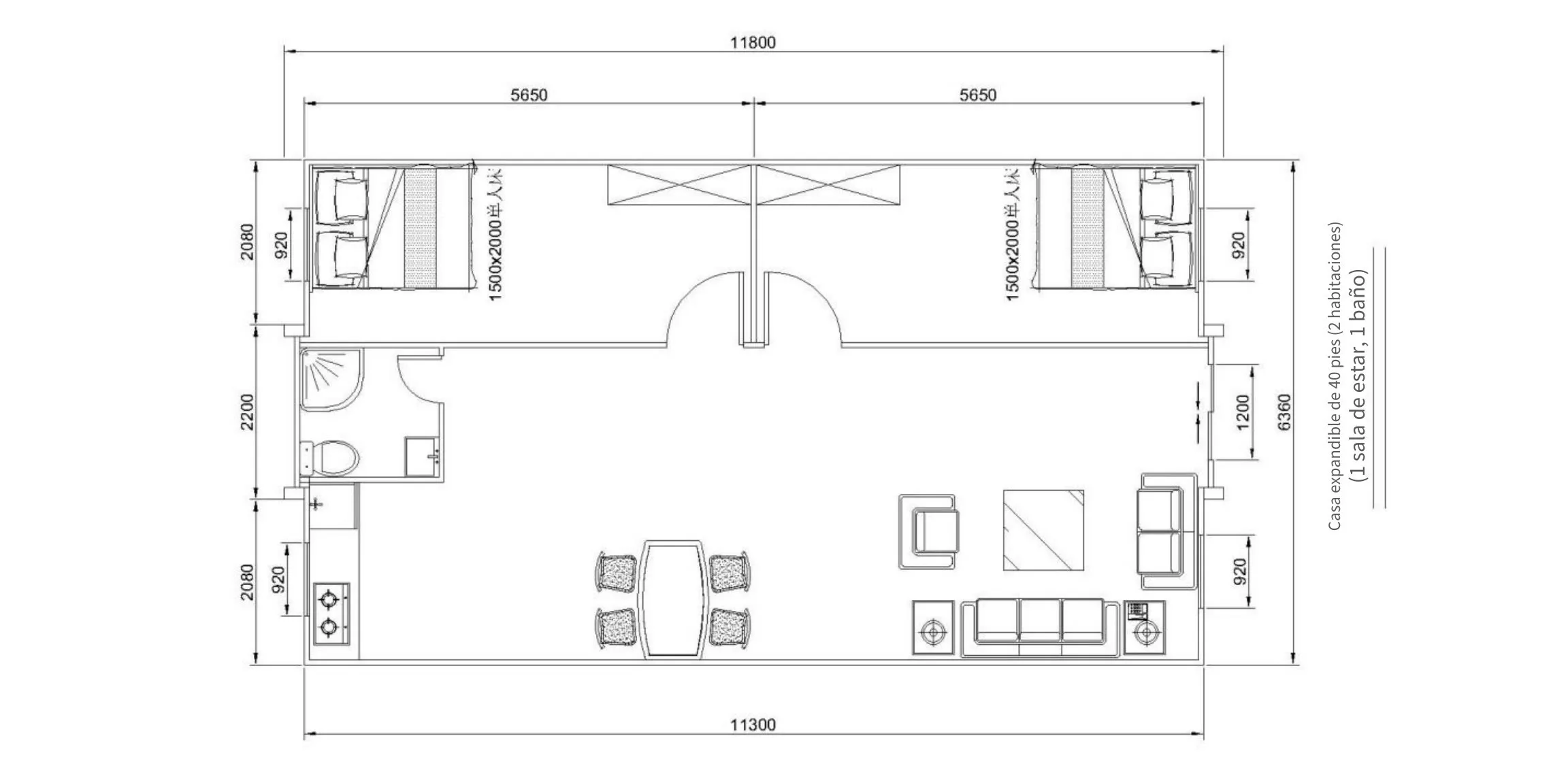 Planos de distribución de la casa expandible de 40 pies con 2 y 3 habitaciones