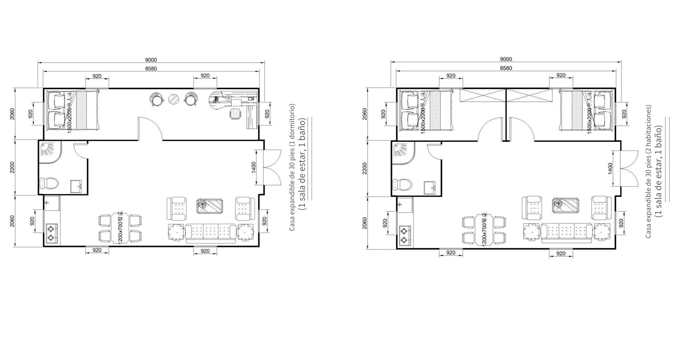 Planos de distribución de la casa expandible de 30 pies: variante de 1 dormitorio y variante de 2 habitaciones