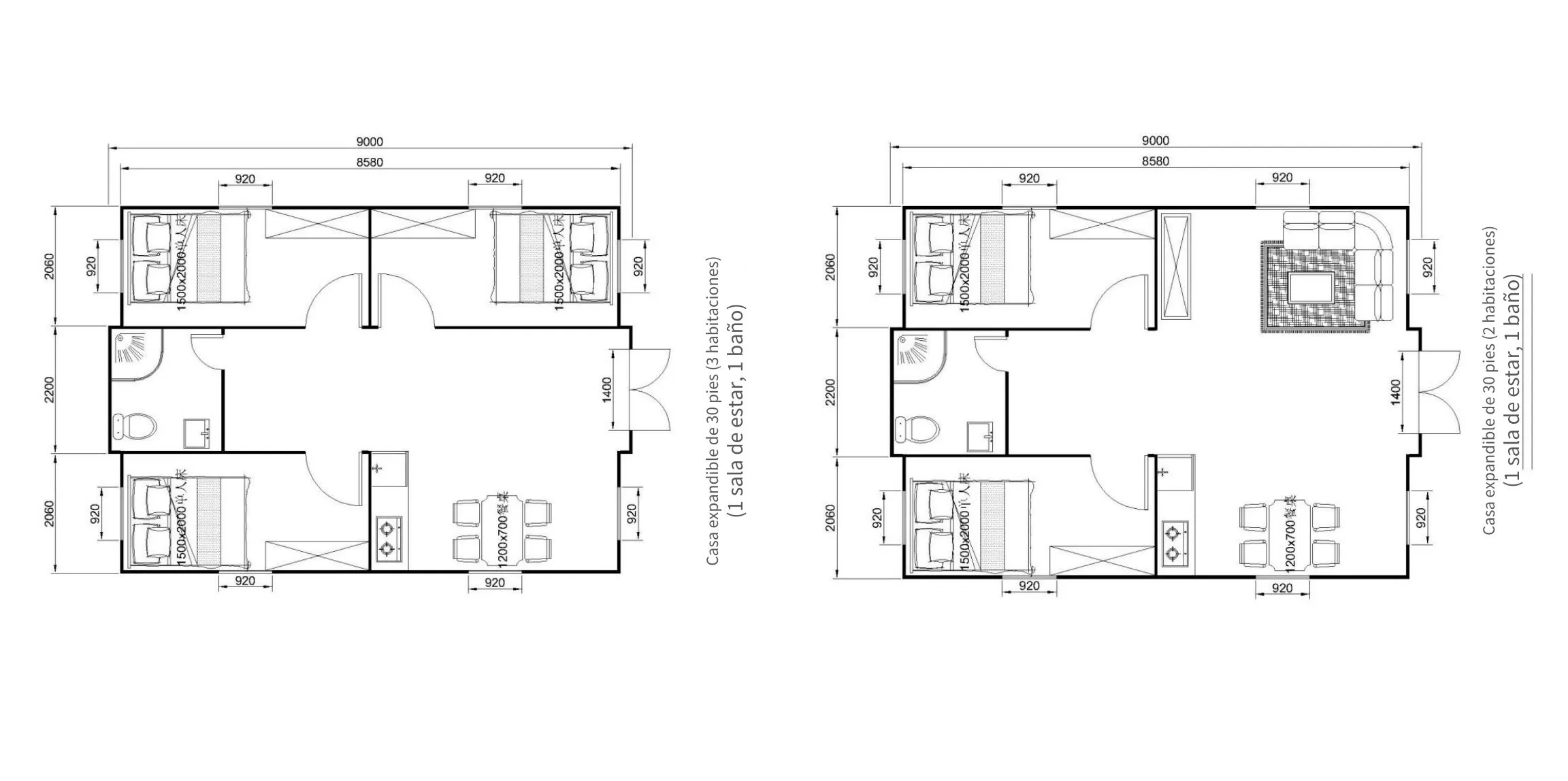 Planos de distribución de la casa expandible de 30 pies con 2 y 3 habitaciones